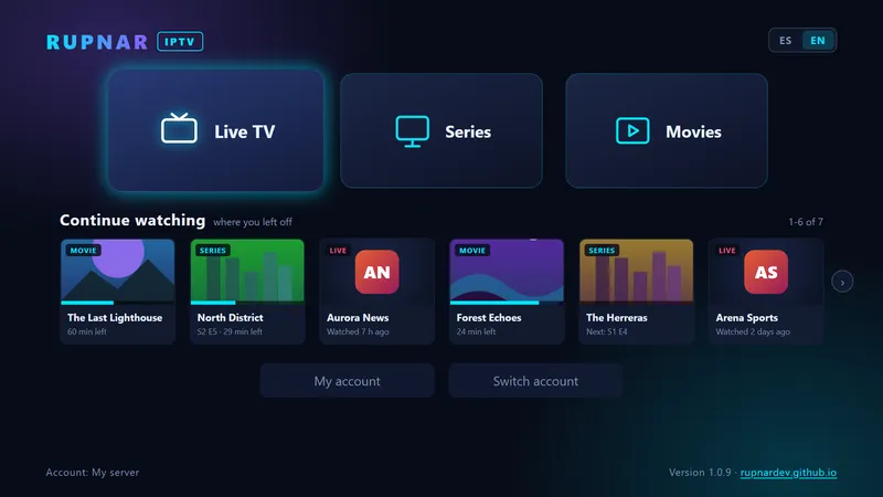 Main menu with Continue watching