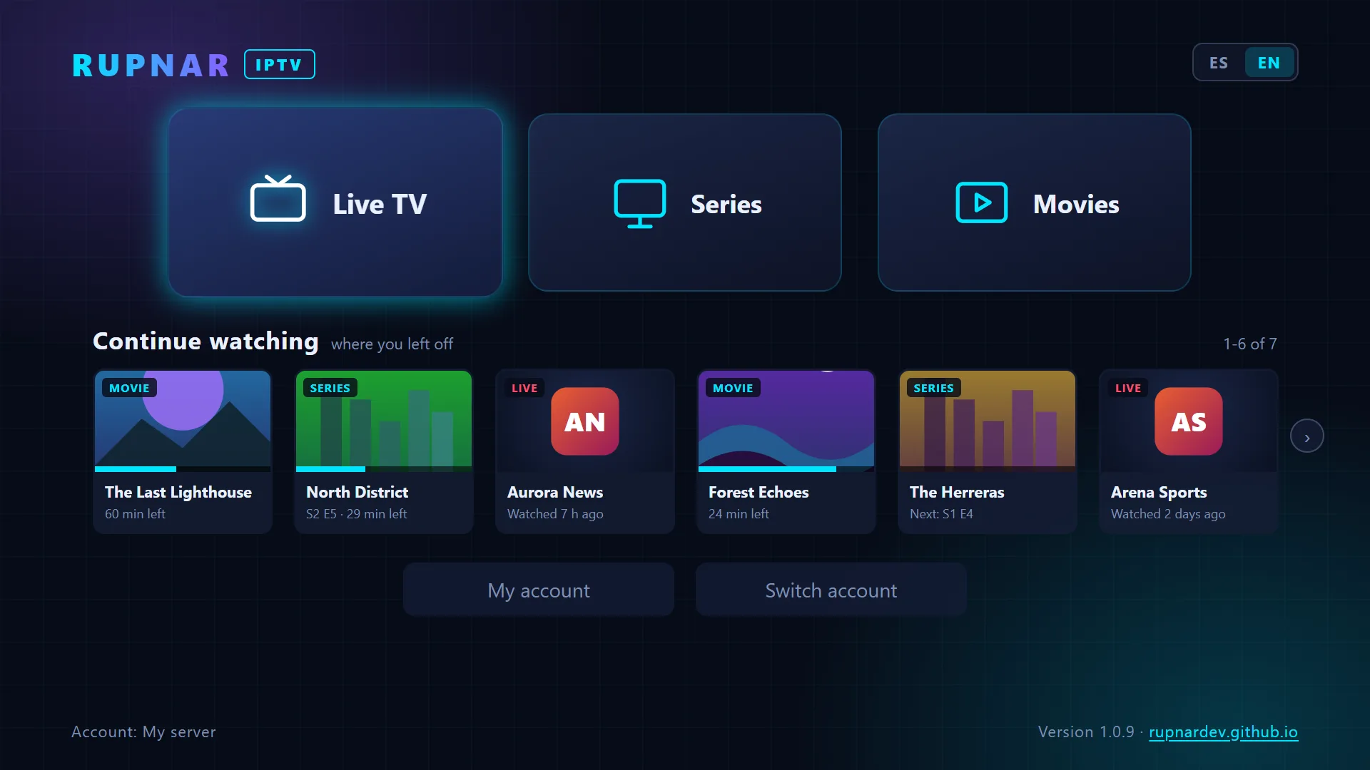 Rupnar IPTV main menu with Live TV, Series, Movies and the Continue watching row