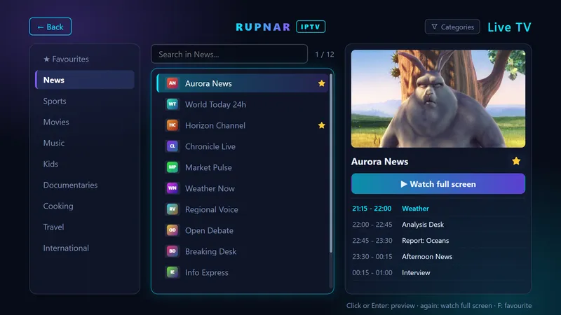 Live TV screen: categories, channel list and preview with programme guide