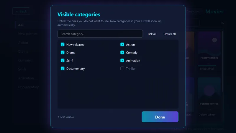 Window to choose which categories are shown