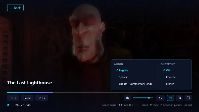 Player with the audio and subtitles menu open