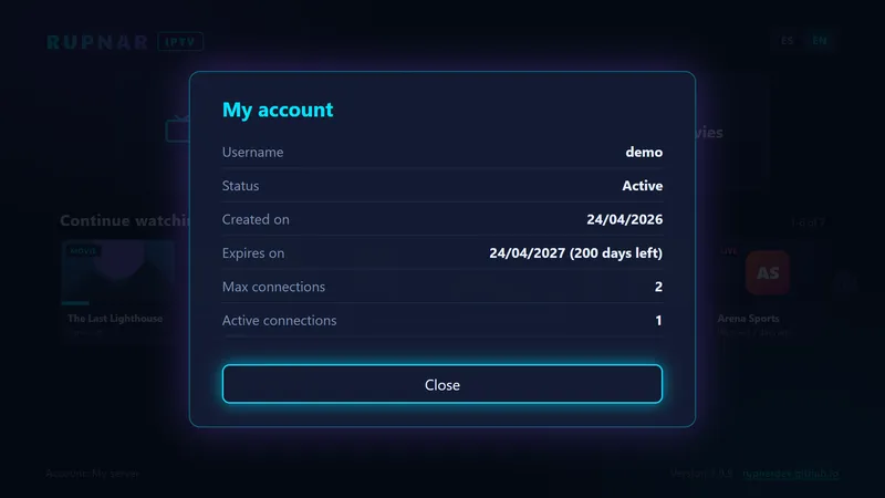 Account details: status, expiry and connections