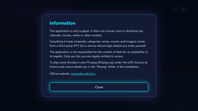 Information window with the legal notice