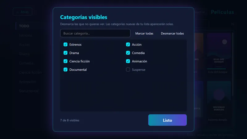 Ventana para elegir qué categorías se muestran