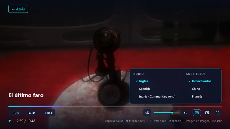 Reproductor con el menú de audio y subtítulos abierto