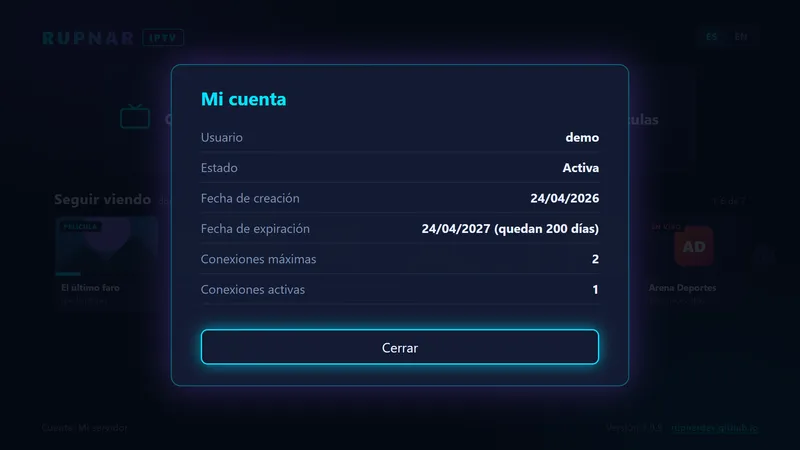 Datos de la cuenta: estado, caducidad y conexiones
