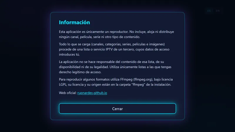 Ventana de información con el aviso legal