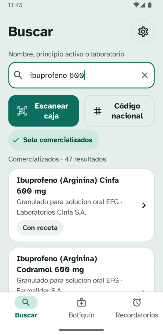 Buscador con resultados para ibuprofeno 600 que muestran nombre, dosis, forma y laboratorio