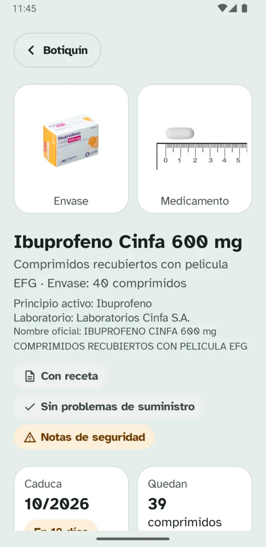 Ficha de Ibuprofeno Cinfa 600 mg con las fotos del envase y del comprimido e indicadores de CIMA