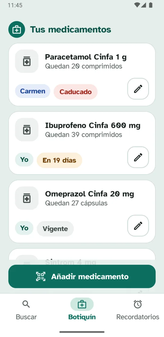 Lista de medicamentos guardados con la persona, las unidades que quedan y el estado de caducidad