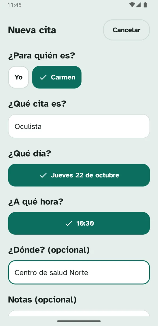 Nueva cita médica para una persona de la familia