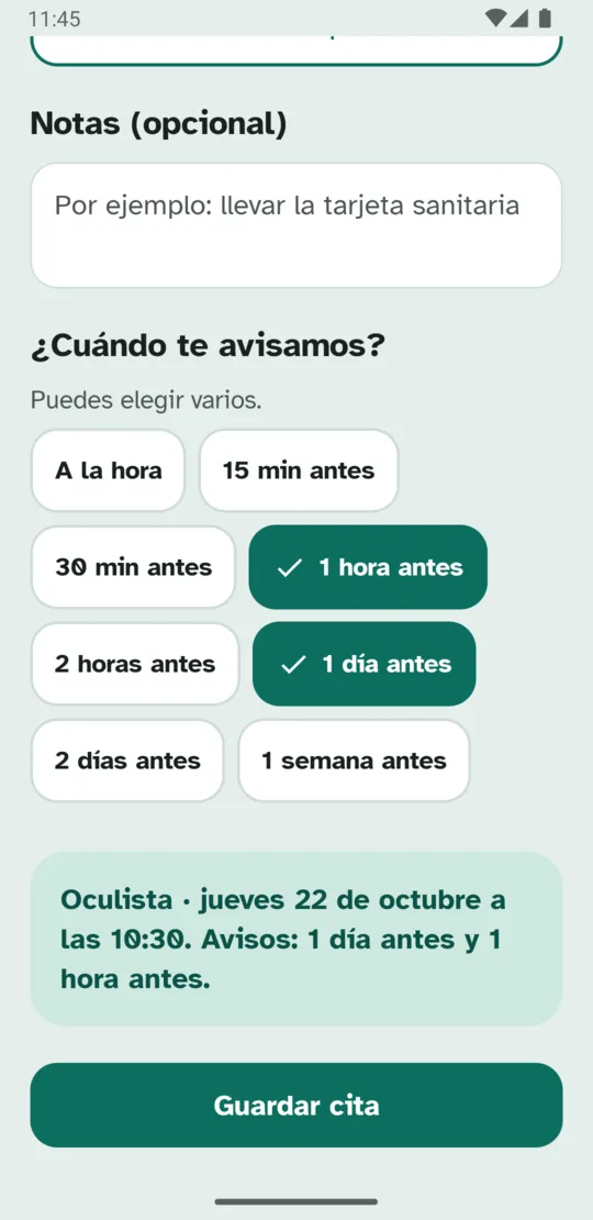 Nueva cita con dos avisos elegidos: un día antes y una hora antes